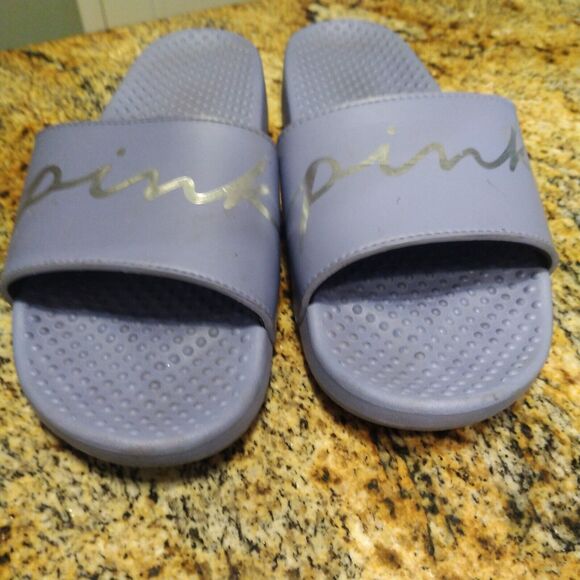 Victoria's Secret Pink Bling Logo Strap Slides Sandals Dusty Periwinkle Sz 9.5 - Picture 10 of 11